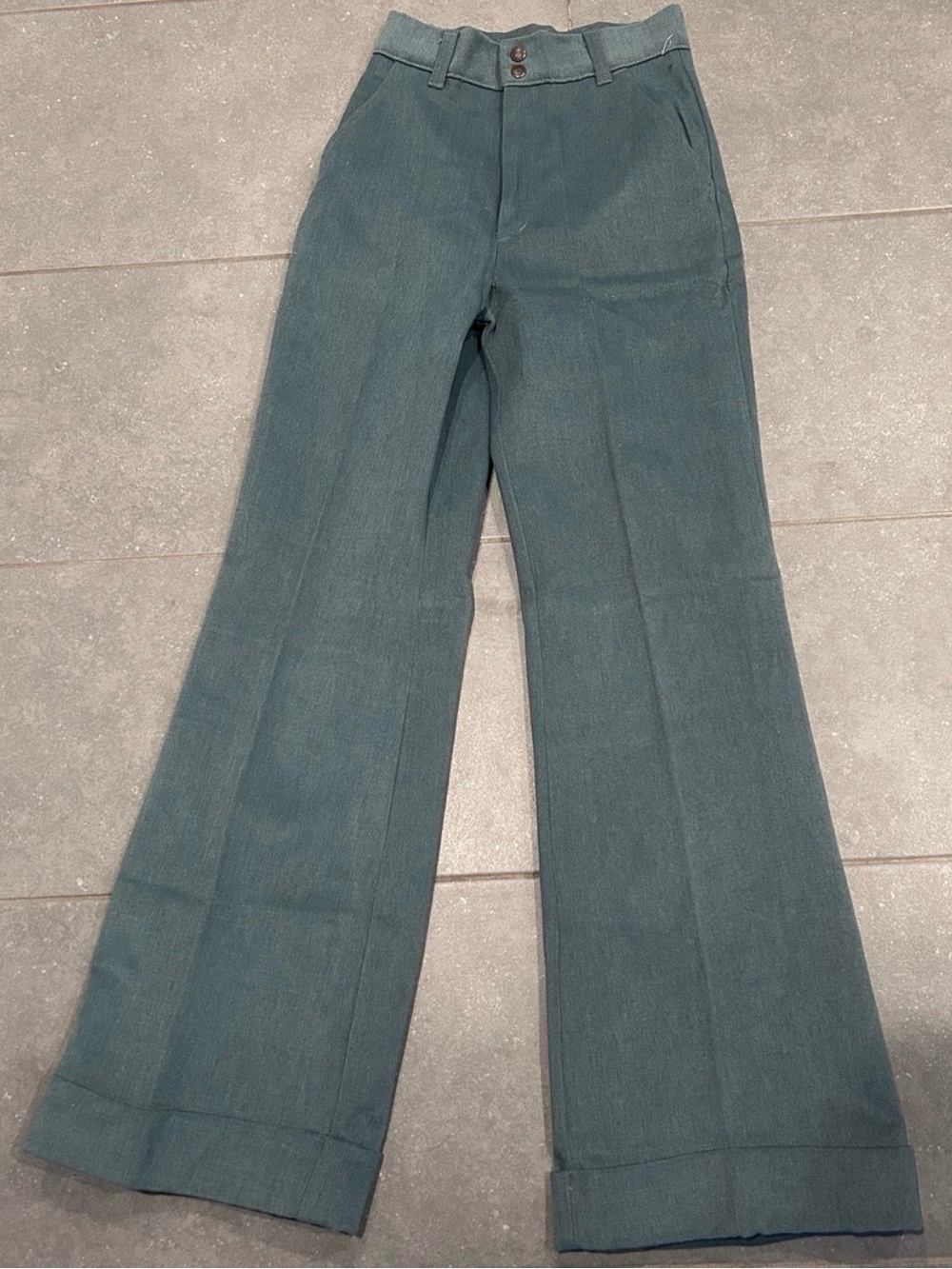 VTG 70s Style High Waisted Flare Pants Teal Green Cuffed Wide Leg Trouser Sz 25